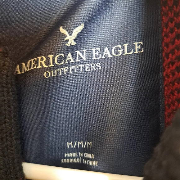 American Eagle Red Black Plaid Knit Button Up Mock Neck Cardigan Sweater Sz M - Picture 3 of 6